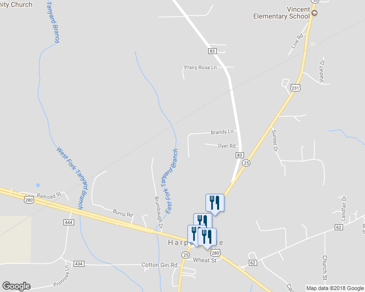 map of restaurants, bars, coffee shops, grocery stores, and more near 308 Brandy Lane in Harpersville