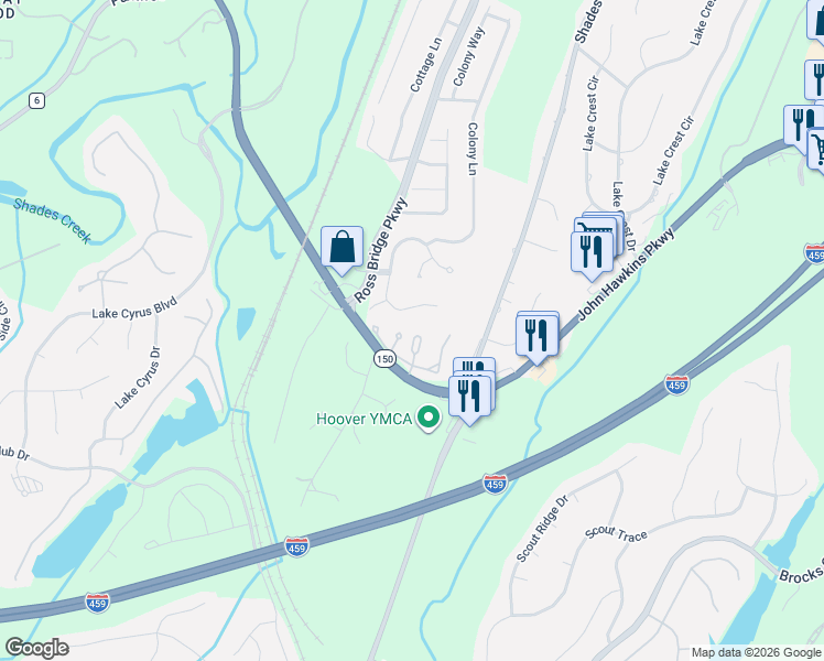 map of restaurants, bars, coffee shops, grocery stores, and more near 5303 Whisper Wood Drive in Birmingham