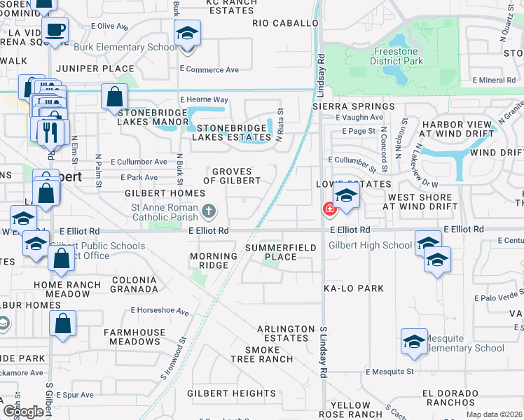 map of restaurants, bars, coffee shops, grocery stores, and more near 75 North Riata Street in Gilbert