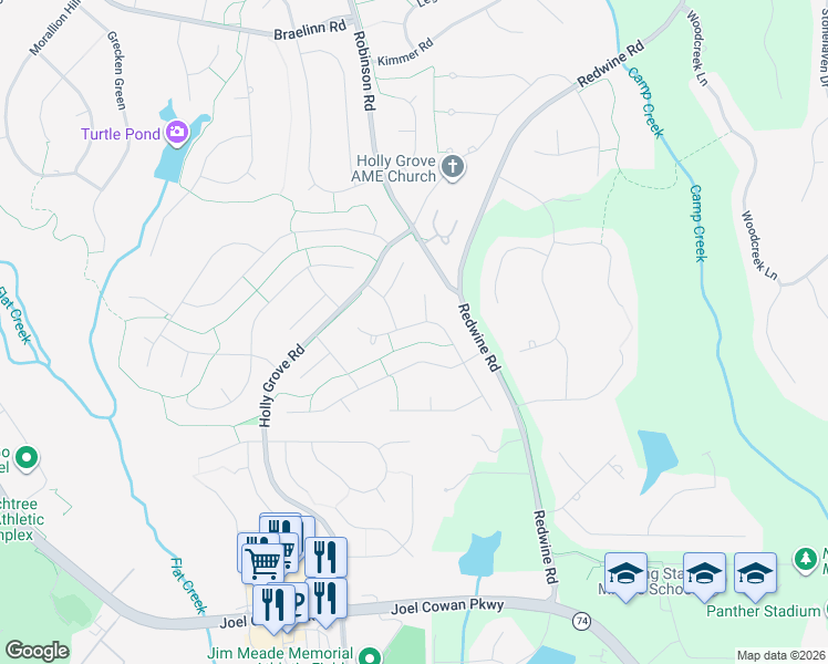 map of restaurants, bars, coffee shops, grocery stores, and more near 713 Redwood Park in Peachtree City