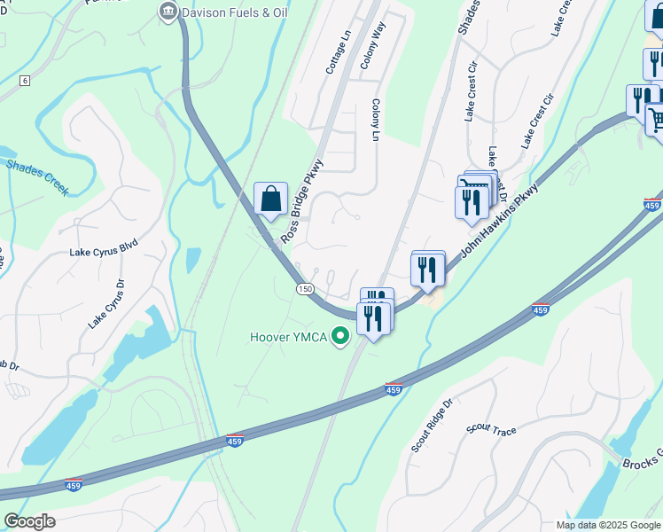 map of restaurants, bars, coffee shops, grocery stores, and more near 5303 Whisper Wood Drive in Birmingham