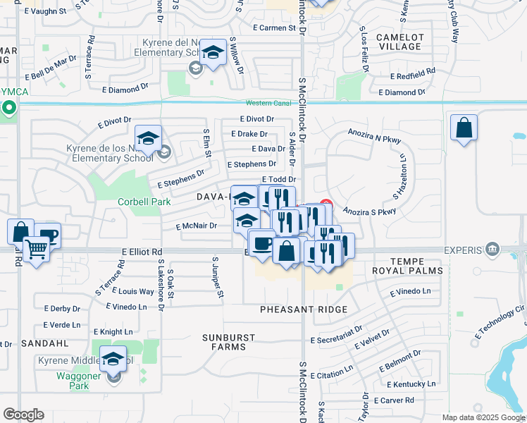 map of restaurants, bars, coffee shops, grocery stores, and more near in Tempe