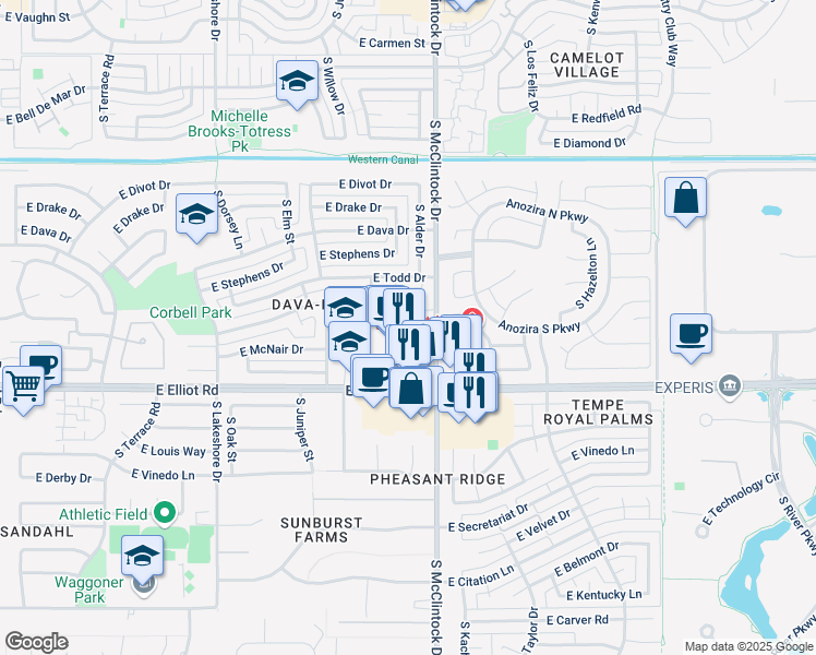 map of restaurants, bars, coffee shops, grocery stores, and more near 1761 East McNair Drive in Tempe