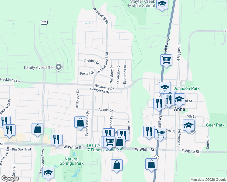 map of restaurants, bars, coffee shops, grocery stores, and more near 820 West Hackberry Lane in Anna