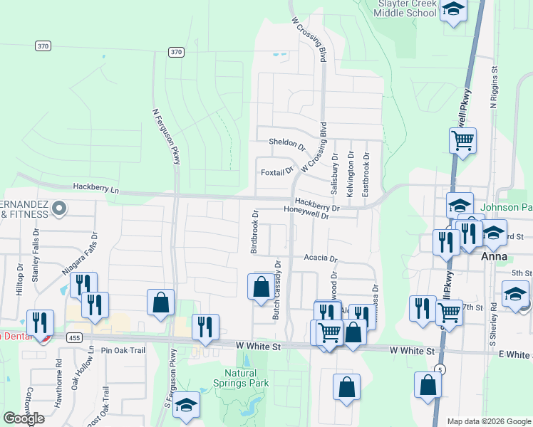 map of restaurants, bars, coffee shops, grocery stores, and more near 1133 Honeywell Drive in Anna