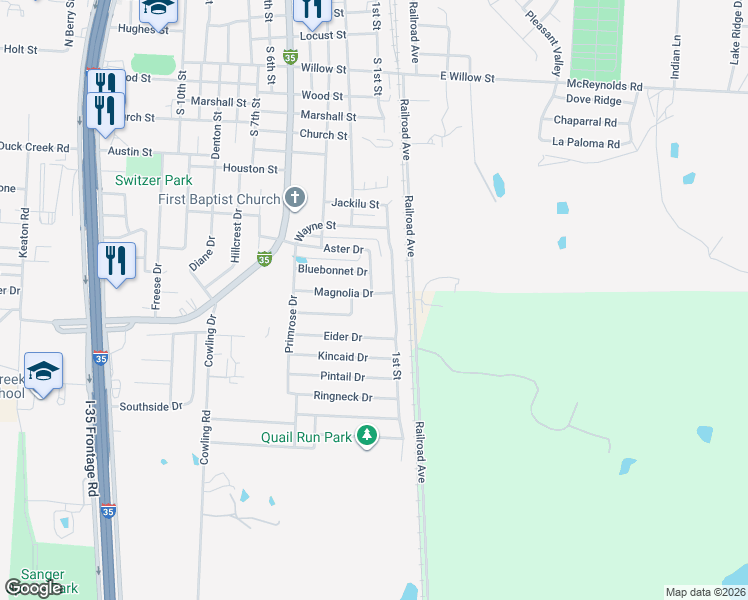 map of restaurants, bars, coffee shops, grocery stores, and more near 107 Eider Drive in Sanger