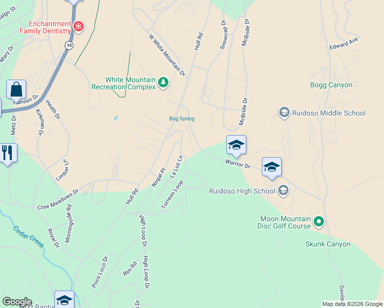 map of restaurants, bars, coffee shops, grocery stores, and more near 300 Tularosa Trace in Ruidoso