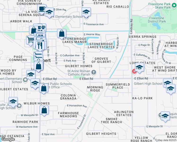 map of restaurants, bars, coffee shops, grocery stores, and more near 406 East Washington Avenue in Gilbert