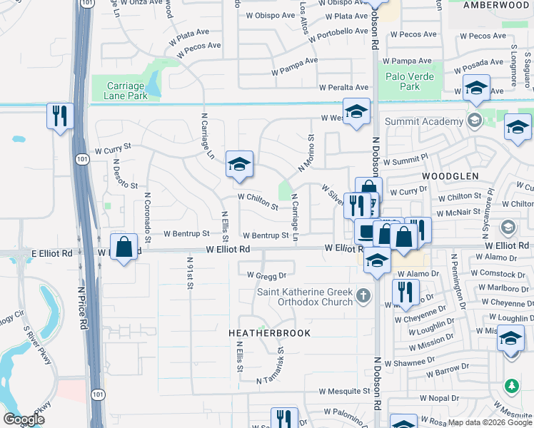 map of restaurants, bars, coffee shops, grocery stores, and more near 2305 West McNair Street in Chandler