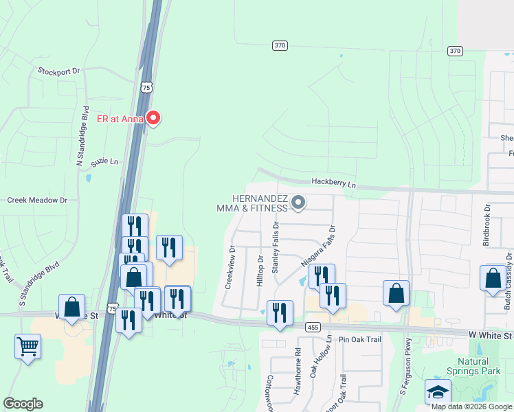 map of restaurants, bars, coffee shops, grocery stores, and more near 132 Hilltop Drive in Anna