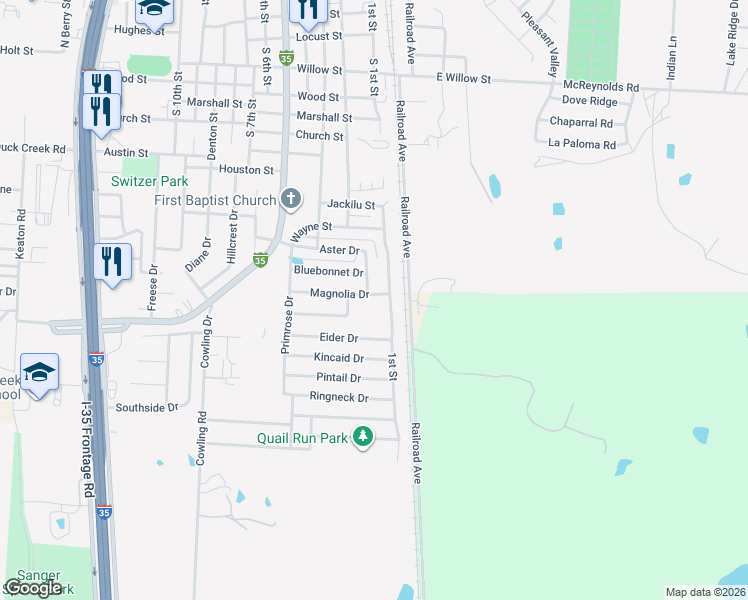 map of restaurants, bars, coffee shops, grocery stores, and more near 106 Magnolia Drive in Sanger