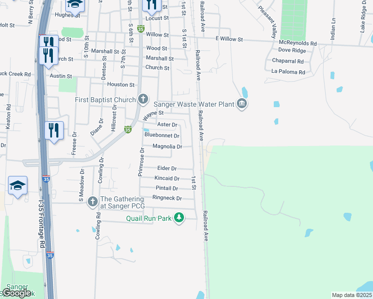 map of restaurants, bars, coffee shops, grocery stores, and more near 107 Eider Drive in Sanger