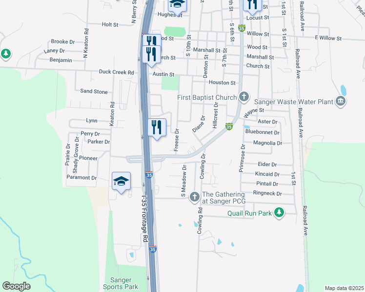 map of restaurants, bars, coffee shops, grocery stores, and more near 1004 Treys Court in Sanger