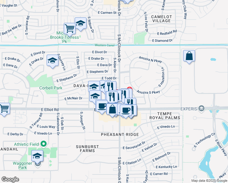 map of restaurants, bars, coffee shops, grocery stores, and more near 1761 East McNair Drive in Tempe
