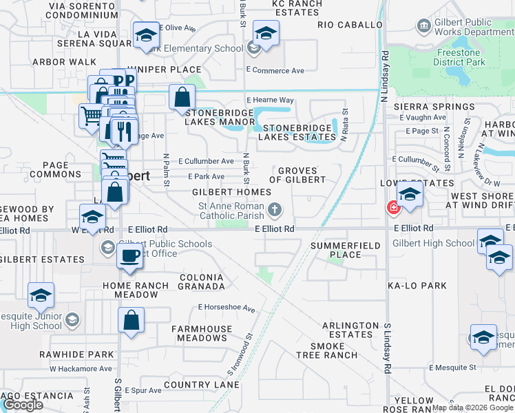 map of restaurants, bars, coffee shops, grocery stores, and more near 406 East Washington Avenue in Gilbert