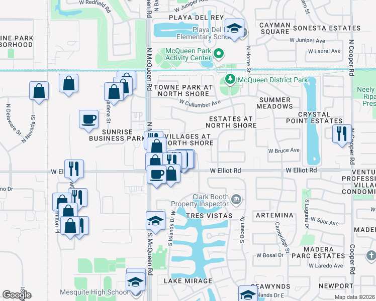 map of restaurants, bars, coffee shops, grocery stores, and more near 1424 West Bruce Avenue in Gilbert