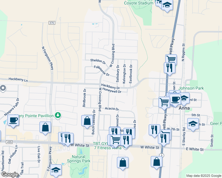 map of restaurants, bars, coffee shops, grocery stores, and more near 918 Honeywell Drive in Anna
