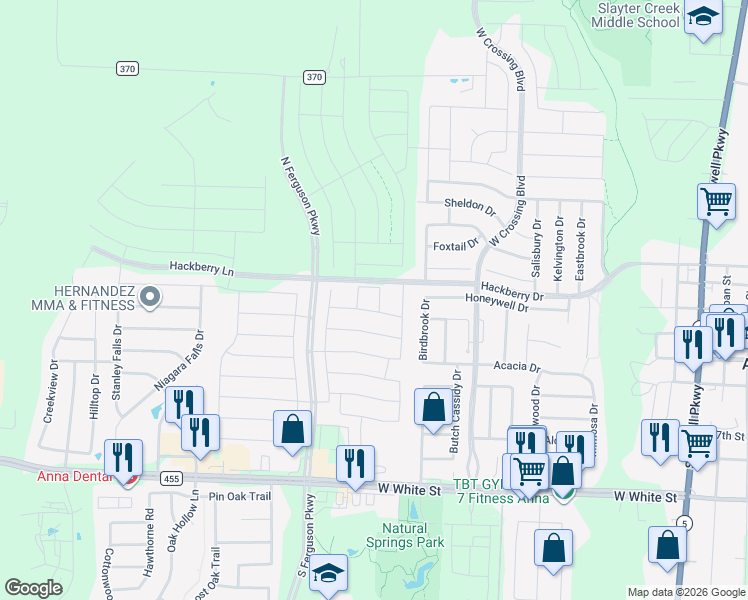 map of restaurants, bars, coffee shops, grocery stores, and more near 1309 Chapel Hill Drive in Anna
