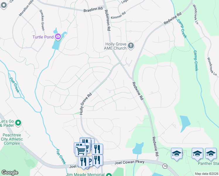 map of restaurants, bars, coffee shops, grocery stores, and more near 720 Redwood Park in Peachtree City