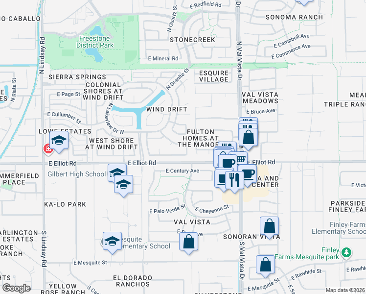 map of restaurants, bars, coffee shops, grocery stores, and more near 1368 North Rock Street in Gilbert