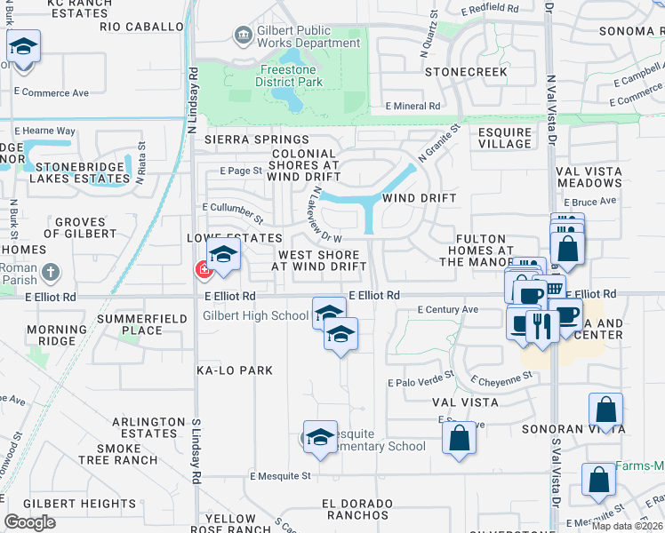 map of restaurants, bars, coffee shops, grocery stores, and more near 33 North Dewy Drive in Gilbert