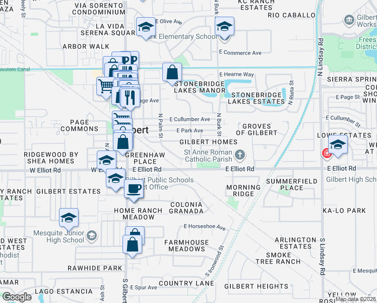 map of restaurants, bars, coffee shops, grocery stores, and more near 24 North Cottonwood Drive in Gilbert