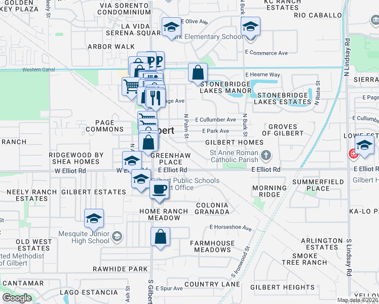 map of restaurants, bars, coffee shops, grocery stores, and more near 72 North Palm Street in Gilbert