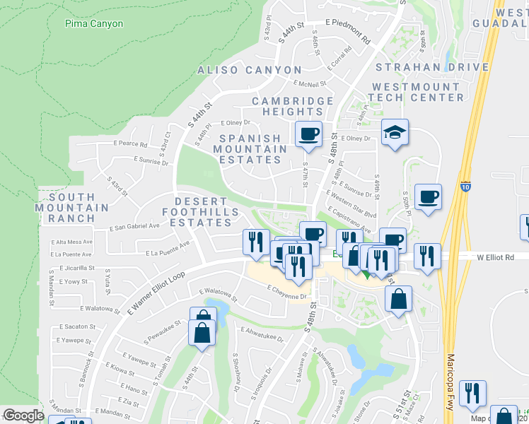 map of restaurants, bars, coffee shops, grocery stores, and more near 4560 East Capistrano Avenue in Phoenix