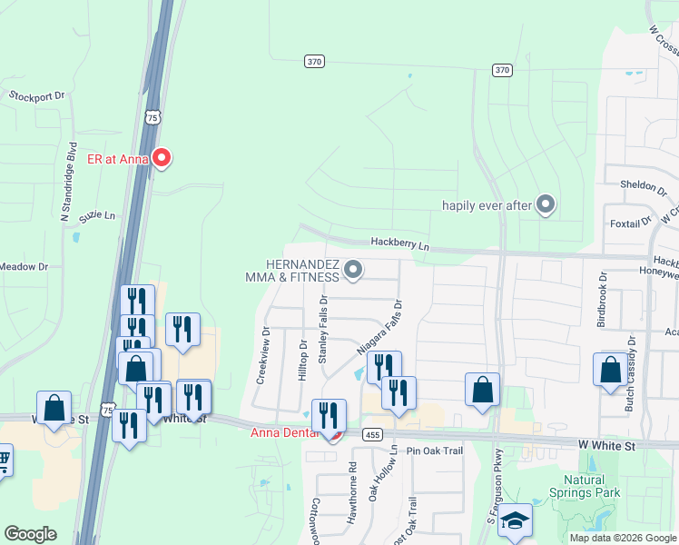 map of restaurants, bars, coffee shops, grocery stores, and more near 2114 Hanakoa Falls Drive in Anna