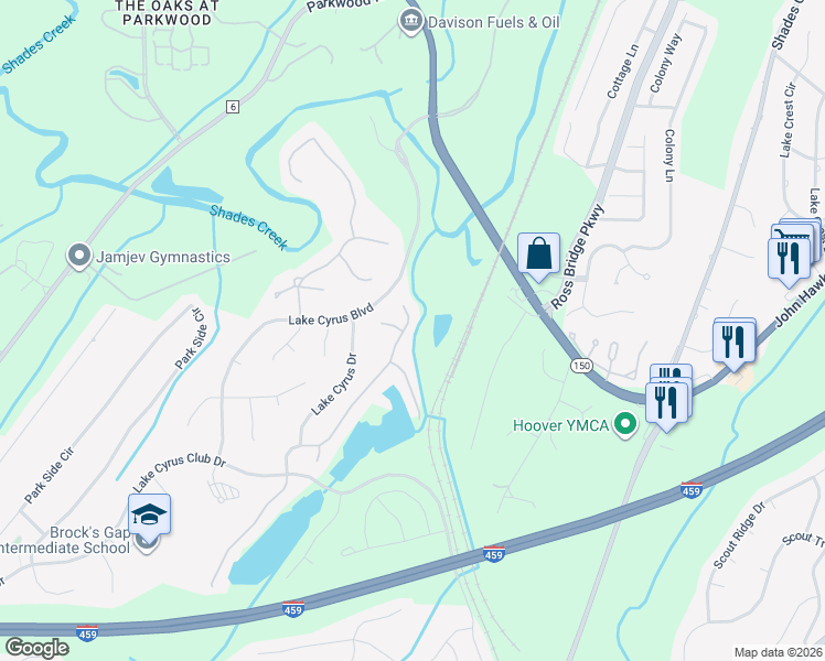 map of restaurants, bars, coffee shops, grocery stores, and more near 5942 Waterside Drive in Hoover