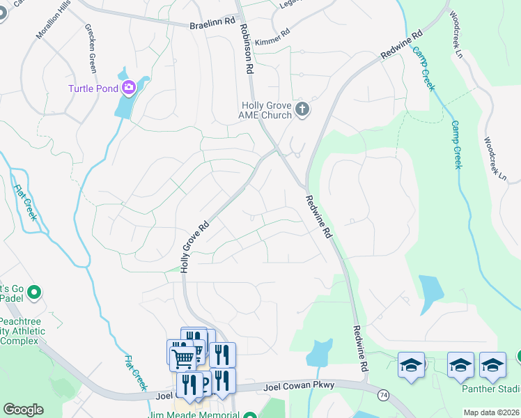 map of restaurants, bars, coffee shops, grocery stores, and more near 110 Linden Lane in Peachtree City