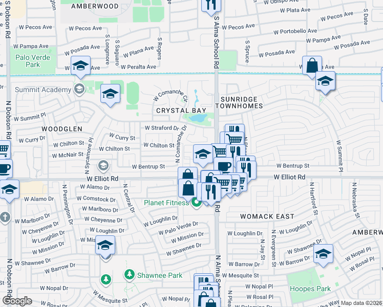 map of restaurants, bars, coffee shops, grocery stores, and more near 1126 West Elliot Road in Chandler