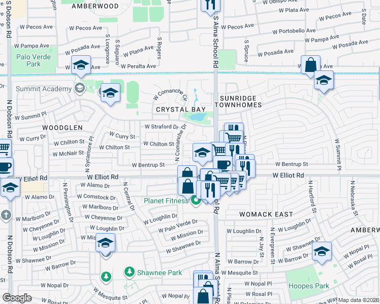 map of restaurants, bars, coffee shops, grocery stores, and more near 1126 West Elliot Road in Chandler