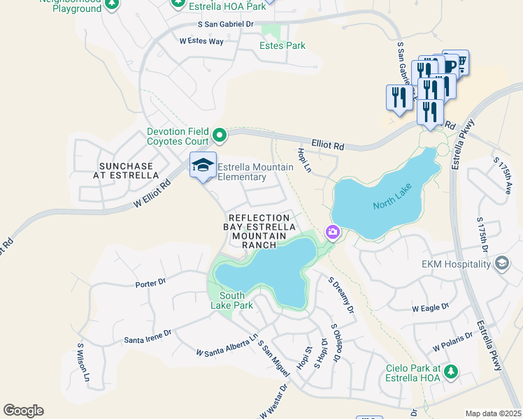 map of restaurants, bars, coffee shops, grocery stores, and more near 18173 West Canyon Lane in Goodyear