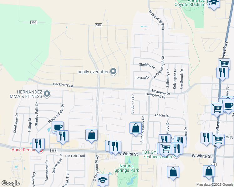 map of restaurants, bars, coffee shops, grocery stores, and more near 1309 Chapel Hill Drive in Anna