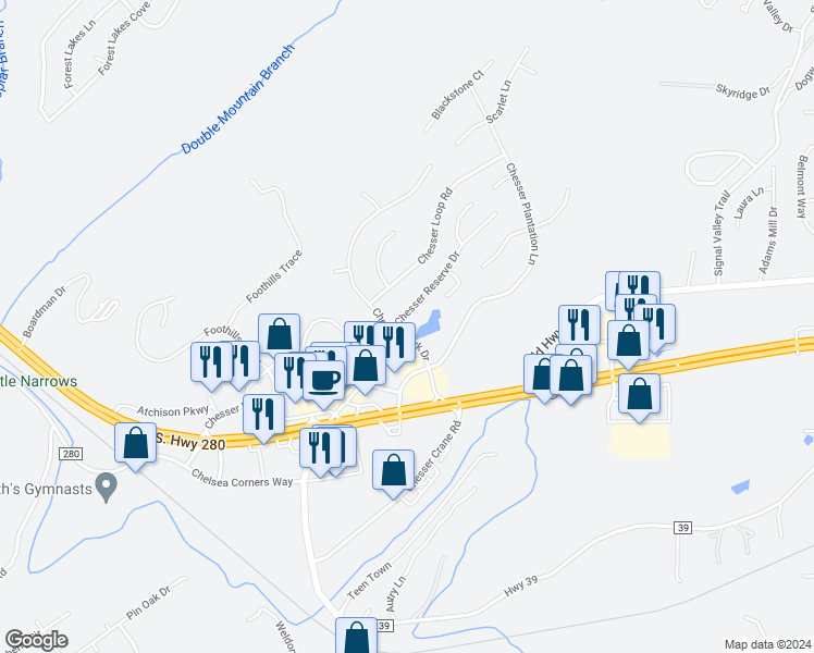 map of restaurants, bars, coffee shops, grocery stores, and more near 112 Chesser Reserve Drive in Chelsea