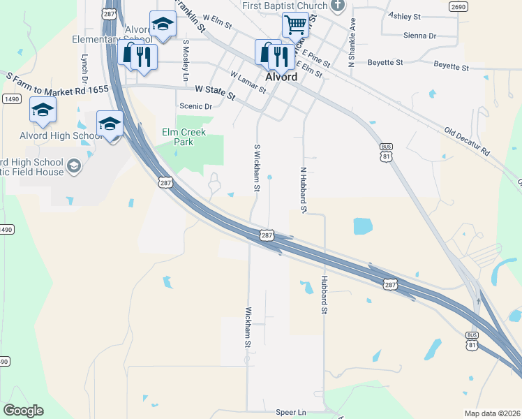 map of restaurants, bars, coffee shops, grocery stores, and more near 614 Grand Oaks Court in Alvord
