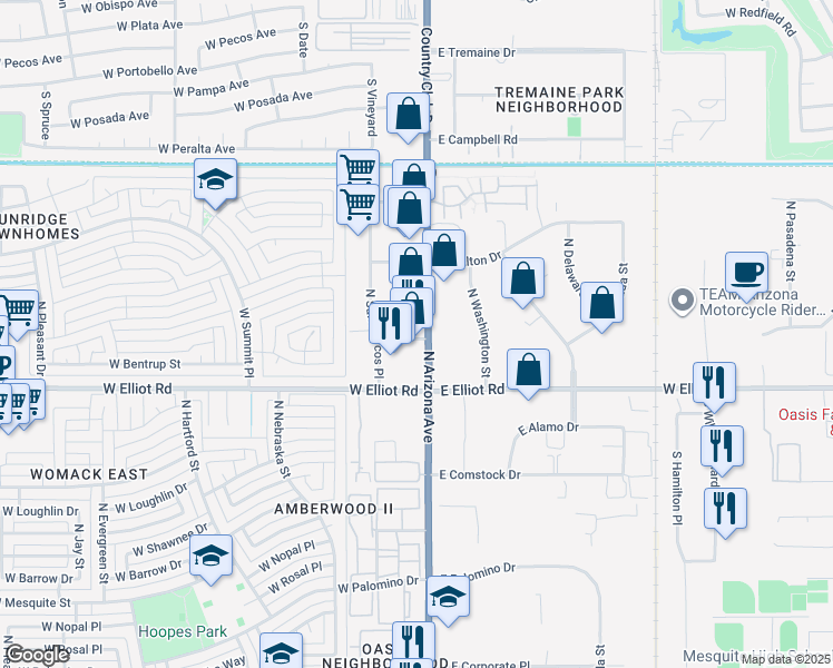 map of restaurants, bars, coffee shops, grocery stores, and more near 3089 North Arizona Avenue in Chandler