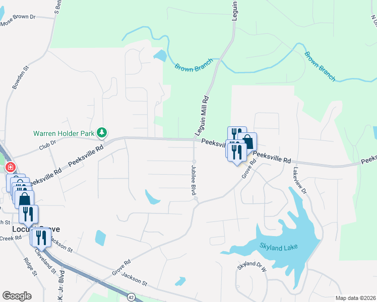 map of restaurants, bars, coffee shops, grocery stores, and more near 342 Victory Lane in Locust Grove