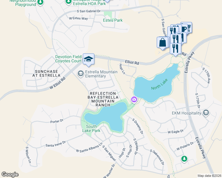 map of restaurants, bars, coffee shops, grocery stores, and more near 18131 West Canyon Lane in Goodyear