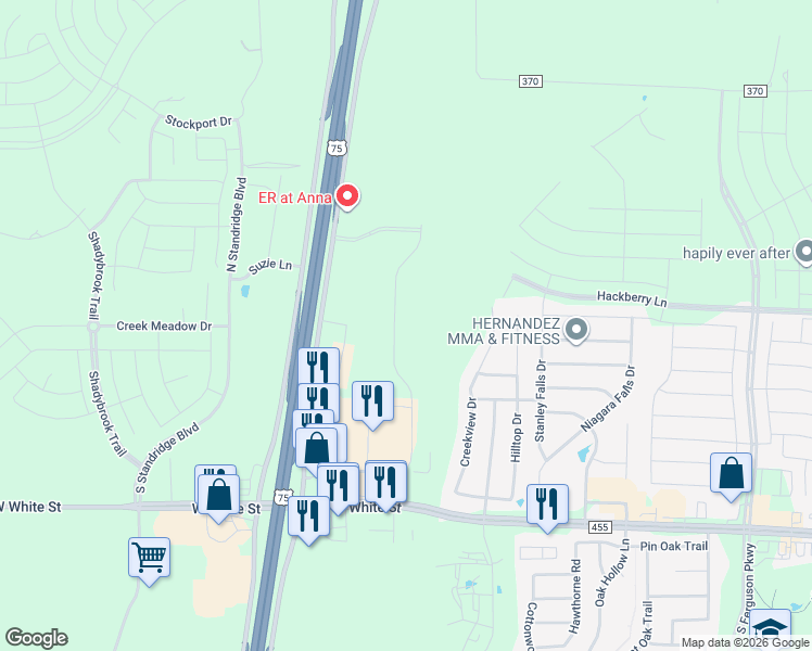 map of restaurants, bars, coffee shops, grocery stores, and more near South Throckmorton Boulevard in Anna
