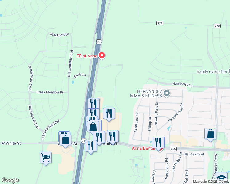 map of restaurants, bars, coffee shops, grocery stores, and more near South Throckmorton Boulevard in Anna