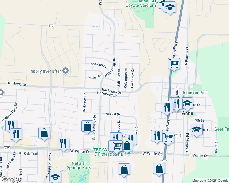map of restaurants, bars, coffee shops, grocery stores, and more near Hackberry Drive in Anna