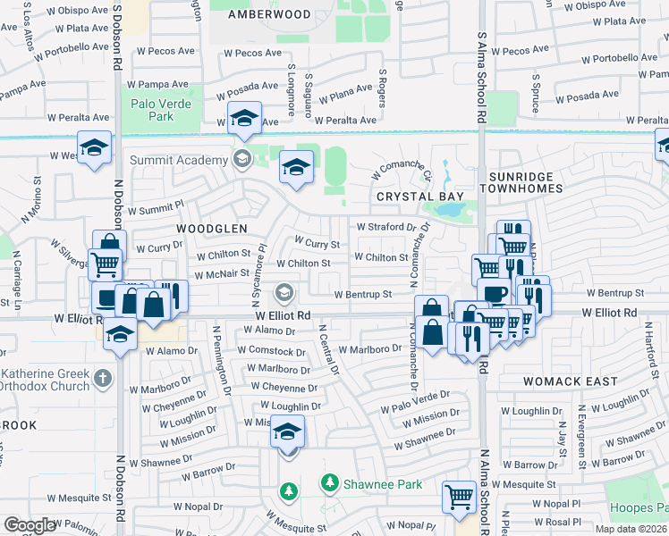 map of restaurants, bars, coffee shops, grocery stores, and more near 3018 North Central Drive in Chandler