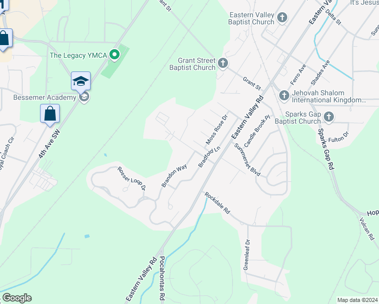 map of restaurants, bars, coffee shops, grocery stores, and more near 1800 Brandon Way in Bessemer