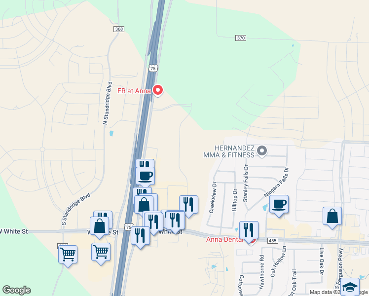 map of restaurants, bars, coffee shops, grocery stores, and more near 151 Buddy Hayes Boulevard in Anna