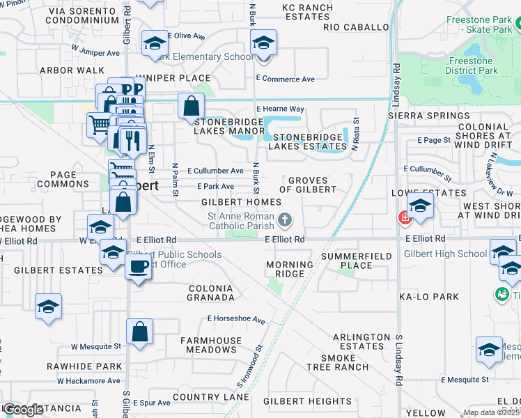 map of restaurants, bars, coffee shops, grocery stores, and more near 406 East Washington Avenue in Gilbert