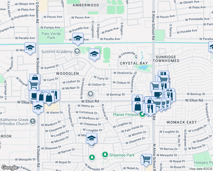 map of restaurants, bars, coffee shops, grocery stores, and more near 3018 North Central Drive in Chandler