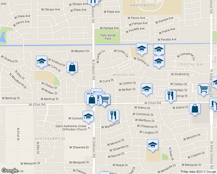map of restaurants, bars, coffee shops, grocery stores, and more near 1800 West Elliot Road in Chandler