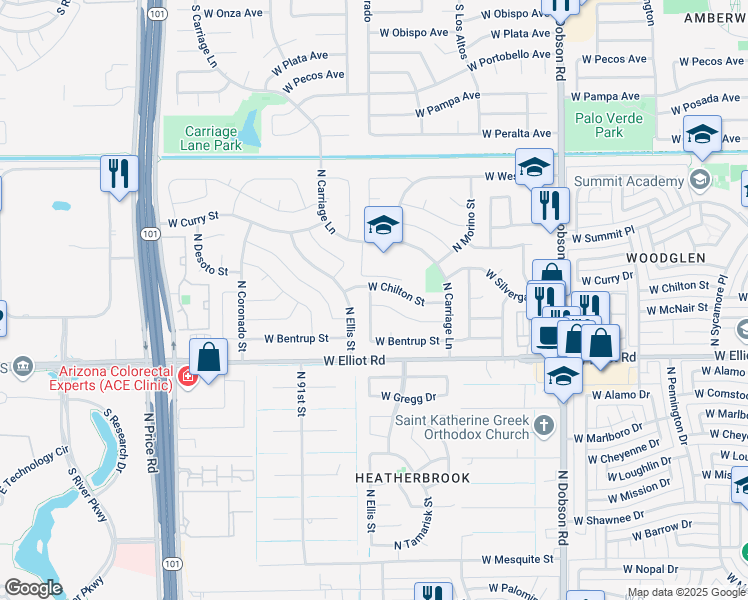 map of restaurants, bars, coffee shops, grocery stores, and more near 3012 North El Dorado Drive in Chandler